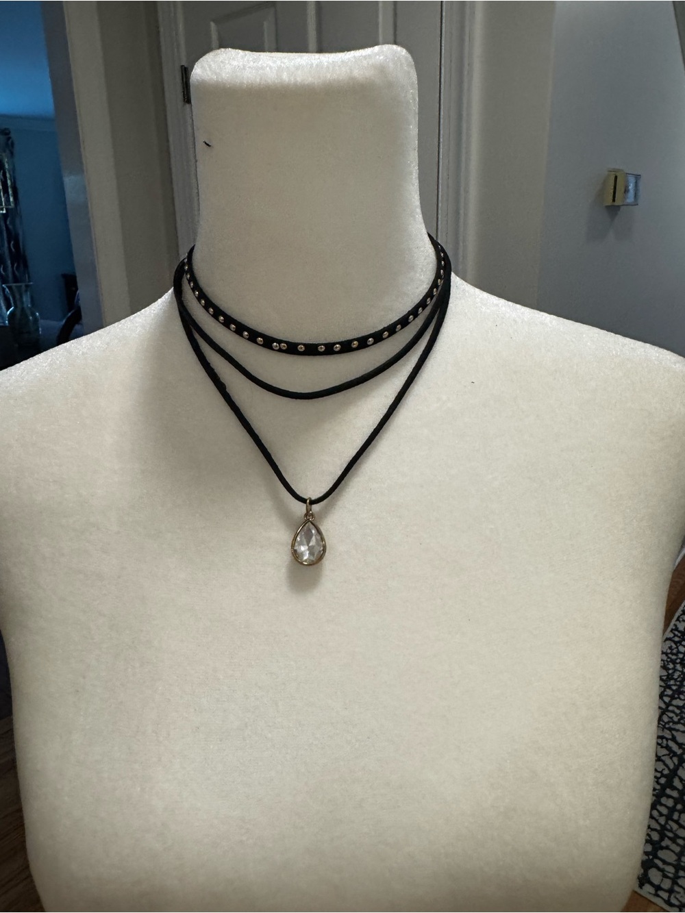 Black Multi-Layer Choker Necklace with Teardrop Crystal Pendant